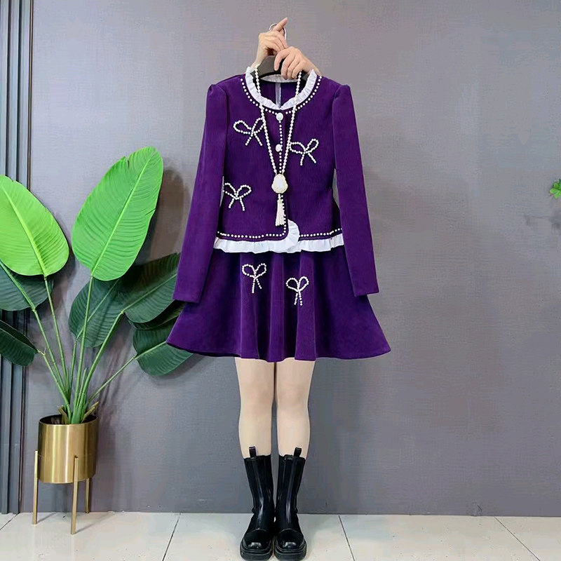 小香风钉珠蝴蝶结上衣大码女装短裙两件套2026春季新款拼接外套潮,女装/女士精品,大码套装,淘宝优惠券,粉丝福利购,淘宝优惠卷