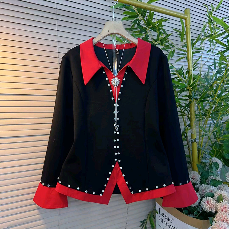 名媛风拼接翻领重工订珠百搭衬衫