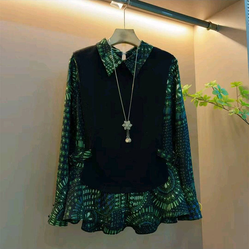 新款韩版洋气复古印花拼接假两件小衫大码女装胖mm时尚显瘦上衣女,女装/女士精品,大码内搭,淘宝优惠券,粉丝福利购,淘宝优惠卷