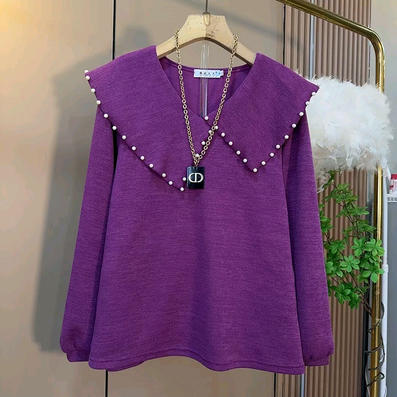 胖妹妹大码女装春季2026新款欧货时尚钉珠领掐褶设计假两件长袖衫,女装/女士精品,大码内搭,淘宝优惠券,粉丝福利购,淘宝优惠卷