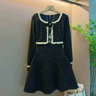 胖mm蕾丝花边拼接洋气裙 女装 新款 小香风设计感高腰显瘦连衣裙大码