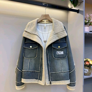2025新款欧货加绒设计感休闲牛仔外套大码女装胖mm洋气减龄上衣潮
