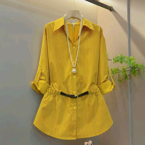 时尚V领收腰条纹长袖衬衫上衣