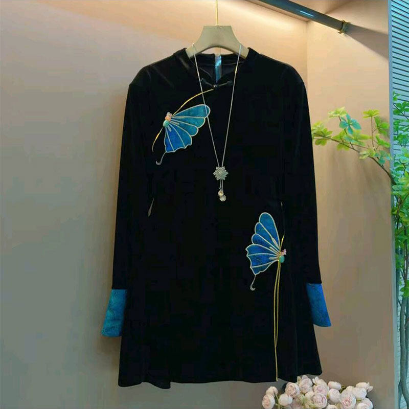 2026春季新款高级感中式蝴蝶刺绣丝绒上衣大码女装胖mm气质百搭衫,女装/女士精品,大码内搭,淘宝优惠券,粉丝福利购,淘宝优惠卷