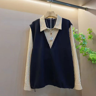 翻领拼接条纹假两件衬衫 胖mm长袖 马夹大码 秋季 洋气上衣 女装 韩版