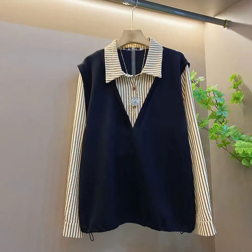 假两件马甲拼接条纹大码内搭衬衫