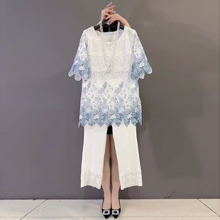 新款 花边上衣胖MM显瘦蕾丝拼接休闲裤 2025夏季 短袖 大码 女装