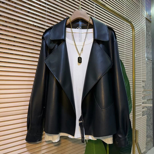 胖MM欧货时尚 2025春季 女装 大码 翻领气质百搭洋气蛋白皮外套潮 新款