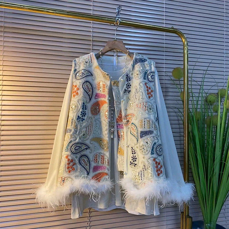 国风亮片拼毛夹棉马甲打底衫