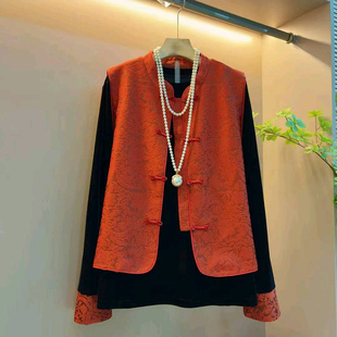 新中式 女装 复古国风盘扣马甲丝绒上衣两件套女 胖mm高级感大码 新款