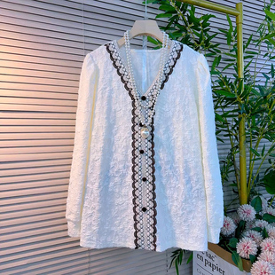 显瘦百搭打底衫 女装 2025新款 开衫 蕾丝V领长袖 拼接女人衫 上衣大码