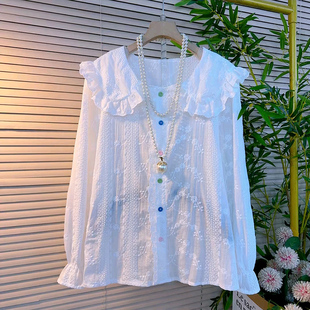 女装 提花蕾丝衫 彩扣小衫 新款 胖MM显瘦喇叭刺绣百搭衬衫 娃娃领大码