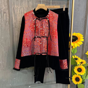 200斤胖MM唐装 新中式 女装 大码 显瘦盘扣流苏加棉马甲 国风气质套装