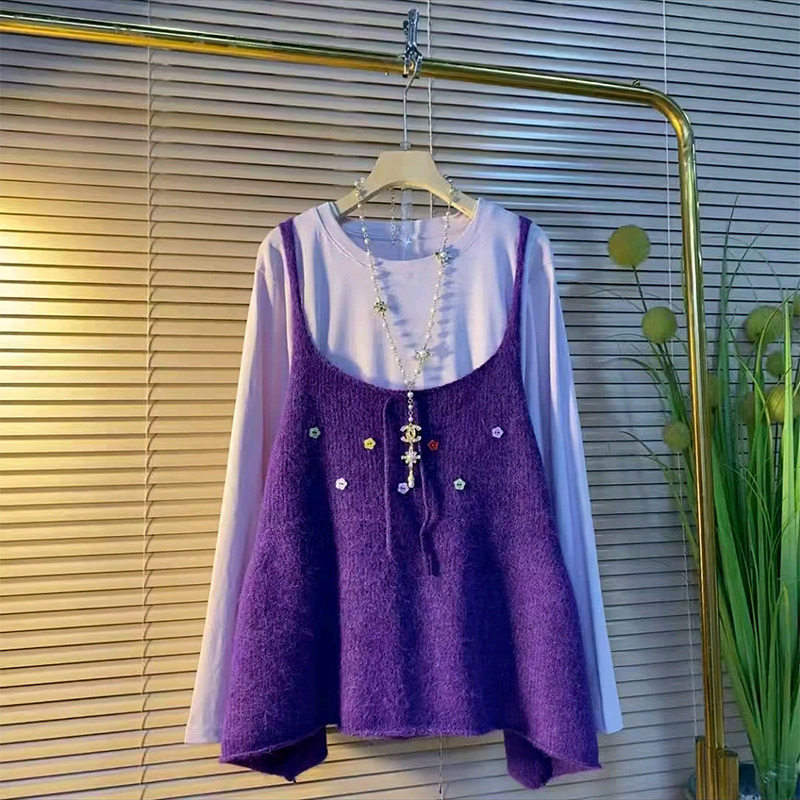 胖妹妹甜美减龄花朵纽扣针织吊带马甲长袖打底衫套装新款大码女装,女装/女士精品,大码套装,淘宝优惠券,粉丝福利购,淘宝优惠卷