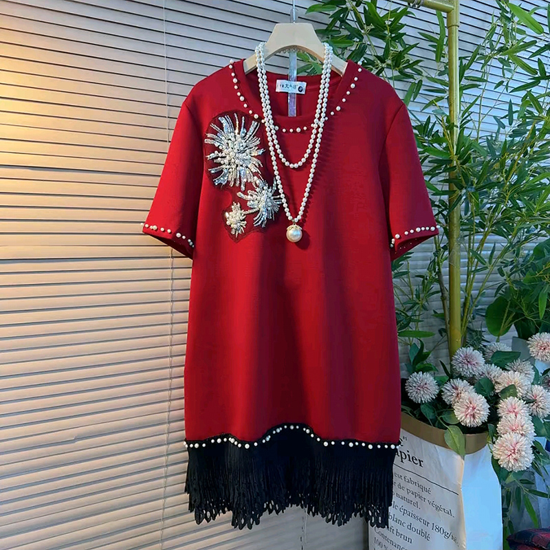 重工钉珠亮片花朵设计感T恤大衫