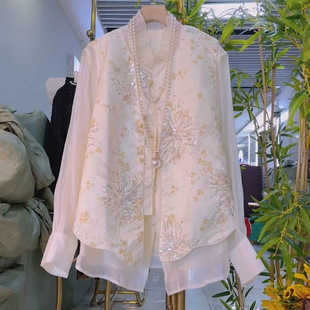 女装 大码 重工钉珠花朵马甲胖妹妹气质显瘦百搭减龄打底衬衫 新中式