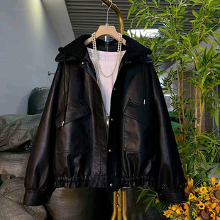 女装 秋冬季 PU皮拼接羊羔毛夹棉外套大码 欧货时尚 宽松减龄上衣 新款