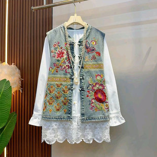 新款欧洲站复古重工艺刺绣马甲大码女装胖mm时尚拼接蕾丝打底衫女