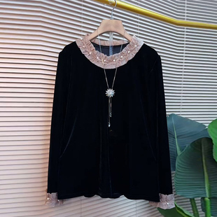 丝绒衫 拼接长袖 时尚 大码 百搭上衣 胖MM显瘦钉珠花边领小衫 女装 新款