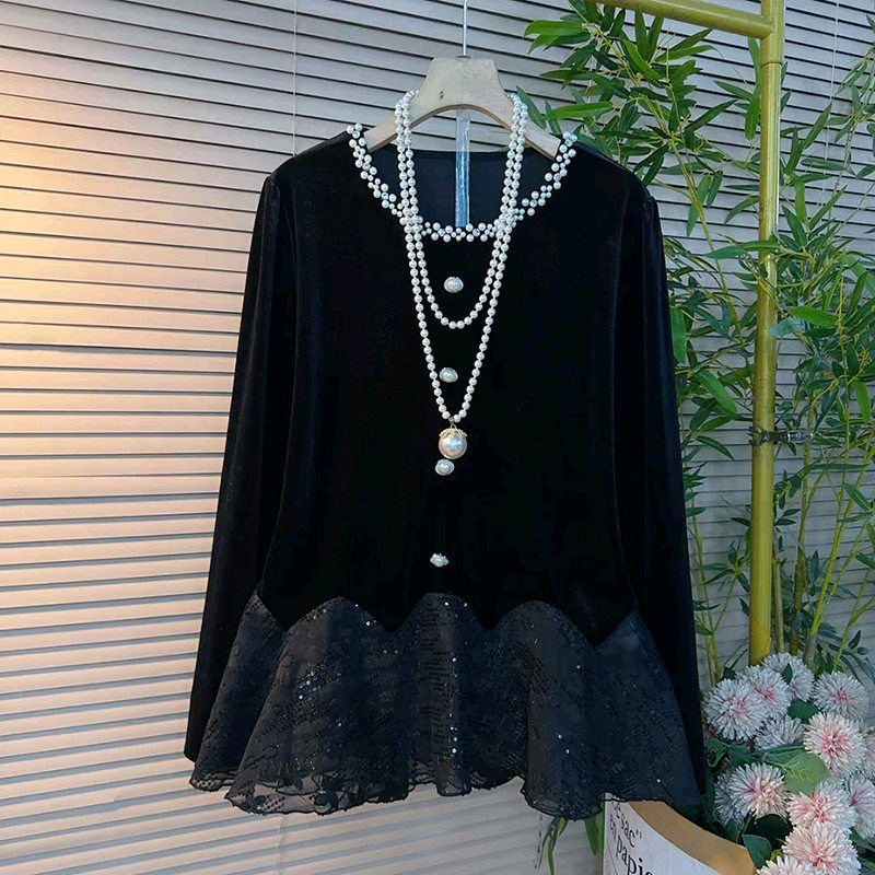 欧货钉珠圆领设计感拼接长袖女人衫春季新款胖mm大码女装显瘦上衣,女装/女士精品,大码内搭,淘宝优惠券,粉丝福利购,淘宝优惠卷