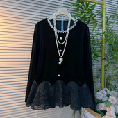女人衫 女装 春季 胖mm大码 显瘦上衣 新款 欧货钉珠圆领设计感拼接长袖