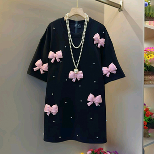 时尚 胖妹妹大码 2026新款 春季 甜美减龄欧韩小众镶钻蝴蝶结T恤 女装