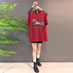 胖mm圆领休闲百搭短袖 新款 T恤中长款 镶钻贴布小马大码 上衣女 韩版