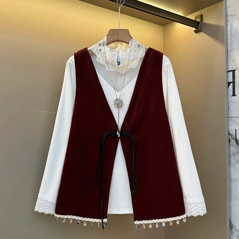 盘扣马甲蕾丝镂空内搭套装