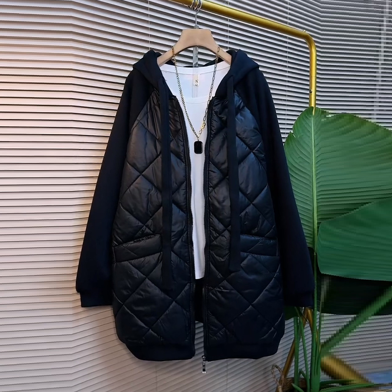 时尚简约连帽菱形格拼接韩版棉服