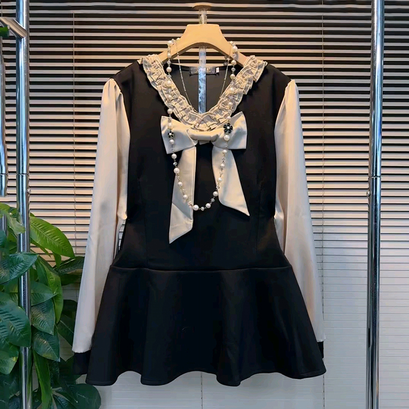时尚V领蝴蝶结拼接假两件小衫