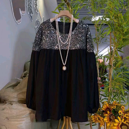 欧货时尚圆领亮片拼接休闲衬衫