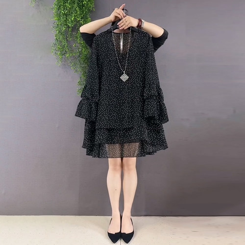 时尚韩版V领遮肉雪纺纱中长衫