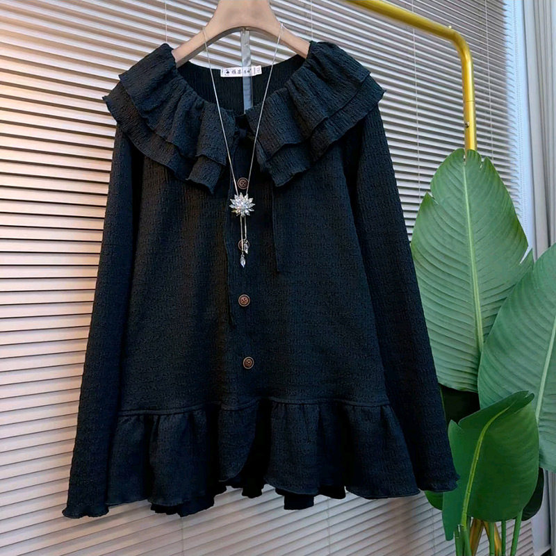 2026春季新款荷叶领系绳设计感长袖衫胖妹妹大码女装甜美减龄上衣,女装/女士精品,大码内搭,淘宝优惠券,粉丝福利购,淘宝优惠卷