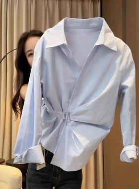 韩版蓝色气质V领不规则褶皱收腰长袖衬衫早秋季2025新款衬衣上衣