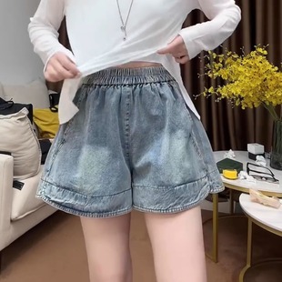 女2025年新款 薄款 夏天牛仔短裤 夏季 大码 微胖高腰阔腿宽松浅色热裤