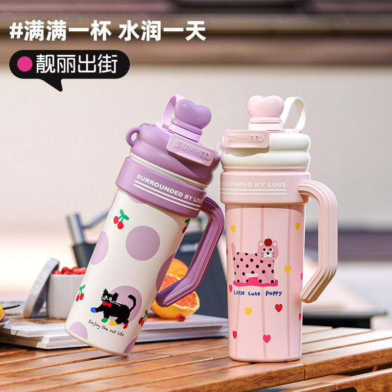 女款高颜值卡通冰霸杯茶水分离大容量巨无霸保温杯带手柄吸管水杯图片