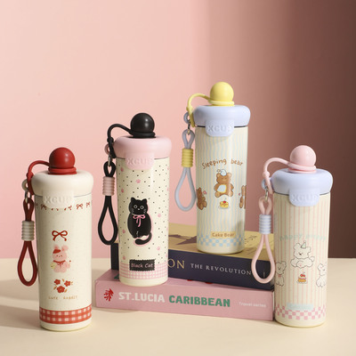 新款可爱动物浮球杯学生儿童卡通便携吸管水杯带提绳不锈钢保温杯