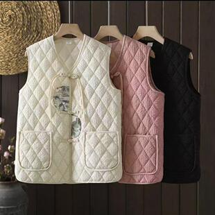 新中式国风菱格羽绒棉马甲外穿轻薄棉服马夹背心无袖盘扣坎肩上衣