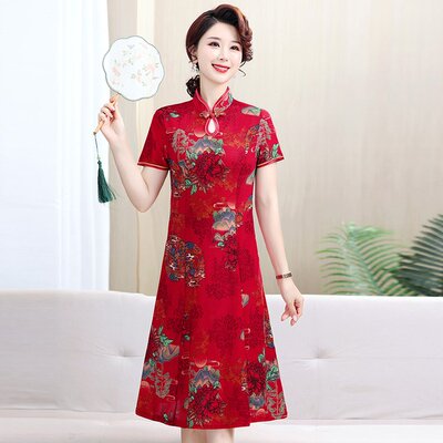 妈妈装短袖复古中老年薄款连衣裙