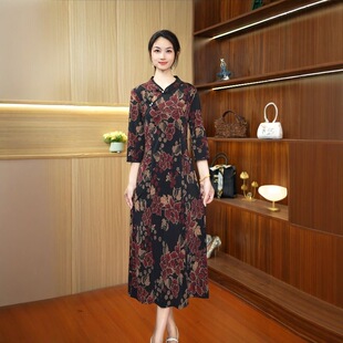 宽松印花中长款 妈妈改良旗袍连衣裙子大码 气质中年打底裙 中袖 秋装