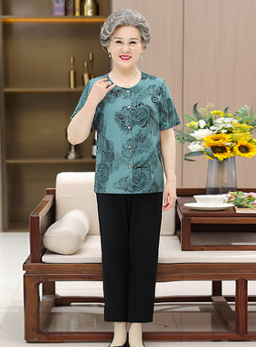 夏装奶奶薄款棉绸上衣裤子两件套