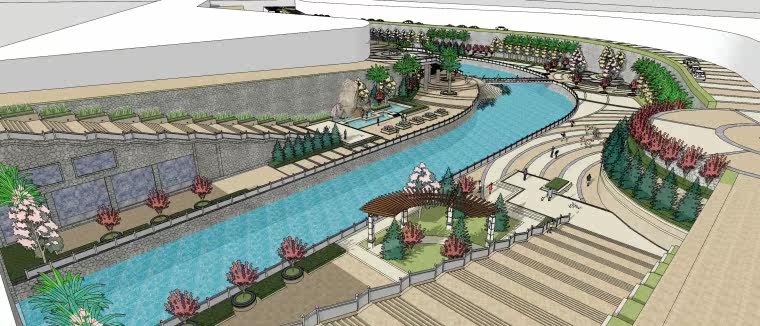 精细草图大师sketchup滨水商业街SU模型园林景观建筑源文件SKP