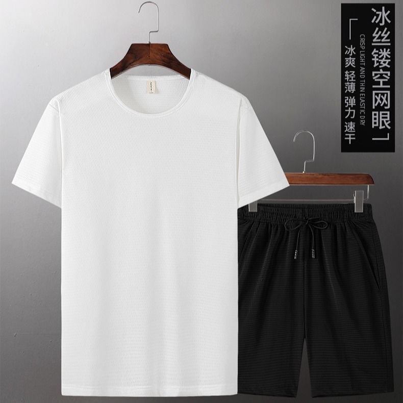 夏季冰丝网眼透气男士加肥加大码宽松运动裤休闲套装短袖五分裤子,男装休闲套装,星座1712-2