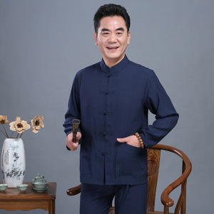春秋唐装男套装中老年长袖亚麻衬衫中式大码爸爸装休闲中国风汉服图片