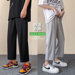 裤子男春夏季休闲韩版潮流直筒阔腿百搭九分裤宽松冰丝运动裤男潮图片