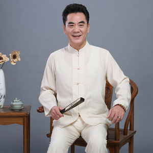 春秋唐装男套装中老年长袖亚麻衬衫中式大码爸爸装休闲中国风汉服图片