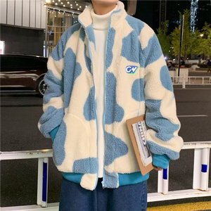 2022心碎创可贴奶牛纹双面穿羊羔毛外套可爱女休闲百搭男潮