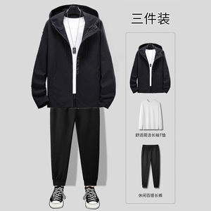 2023新款秋季套装休闲男士拉链外套长裤新款秋季男现货青年三件套图片