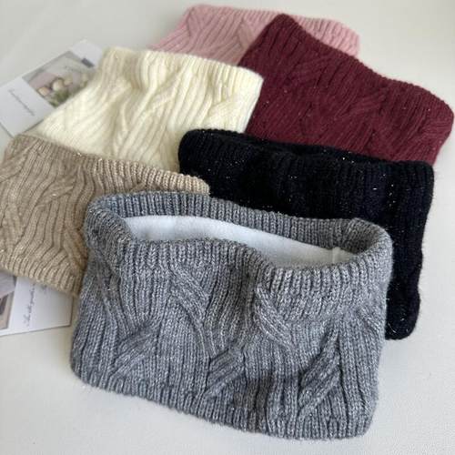 欧美风银丝加绒针织宽边发带女秋冬保暖防风护耳头套毛线头带发饰