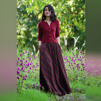 长裙大摆A字毛呢格子半身裙